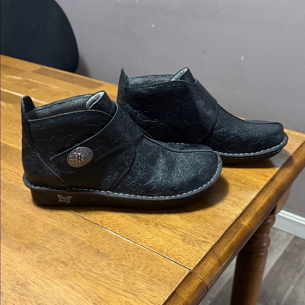 Alegria Textured Black Ankle Booties with Silver Button